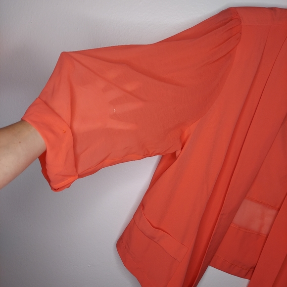 City Chic Blazer Jacket Mesh Sheer Elbow 3/4 Collar Open Front Orange-Pink 24W - Picture 3 of 6